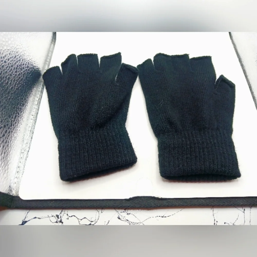 Black Faux Leather Studded + Black Cotton Fingerless Gloves Unisex -New